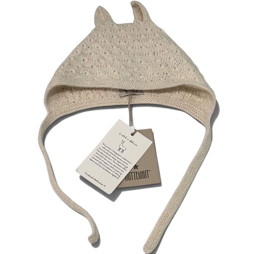 Huttelihut Alpaca Wool Baby Bonnet Cream Pointelle Knit Ears 0-1M NWT